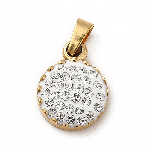 

PandaHall Polymer Clay Rhinestone Pendant, with Vacuum Plating 201 Stainless Steel, Flat Round, Golden, 16x12x4mm, Hole: 3x3mm Stainless..., White