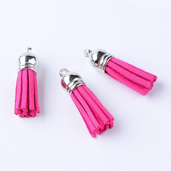 

PandaHall Faux Suede Tassel Pendant Decorations, with CCB Plastic Cord Ends, Platinum, Camellia, 35~37x10mm, Hole: 1.8mm Faux Suede Pink