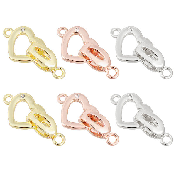 CHGCRAFT 6Pcs 3 Colors Brass Pave Clear Cubic Zirconia Fold Over Clasps, Long-Lasting Plated, Heart, Mixed Color, Oval Clasp: 13x5x5mm, Hole: 1.8mm, Heart Clasp: 13.5x10.5x1.5mm, Hole: 1.4mm, 2pcs/color