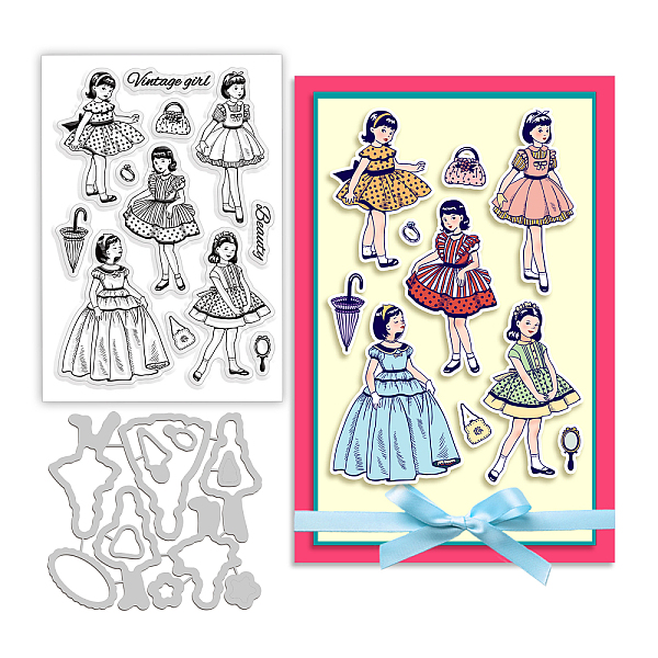 PandaHall BENECREAT Vintage Girl Rubber Stamps and Cut Dies Set, Dress Handbag Umbrella Pattern Dies and Stamp Sets for DIY Scrapbooking...