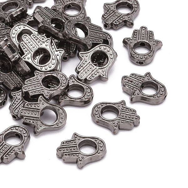 

PandaHall Tibetan Style Alloy Bead Frames, Lead Free, Hamsa Hand/Hand of Fatima/Hand of Miriam, Gunmetal, 15x13x3mm, Hole: 1mm Alloy Palm