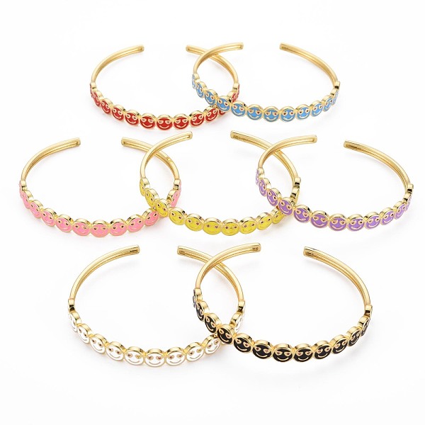 

PandaHall Smiling Face Enamel Cuff Bangle, Real 18K Gold Plated Brass Thin Open Bangle for Women, Nickel Free, Mixed Color, Inner Diameter..., Multicolor