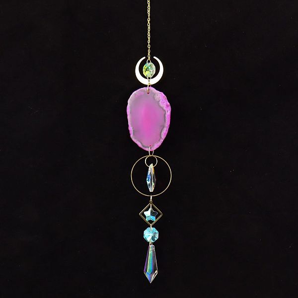 

PandaHall Natural Agate Piece Hanging Ornaments, Metal Moon & Ring and Glass Cone Tassel Suncatchers for Home Outdoor Decoration, Orchid..., Purple