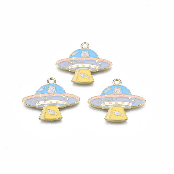

PandaHall Alloy Enamel Pendants, Cadmium Free & Lead Free, Flying Saucer, Light Sky Blue, 23x28x1.5mm, Hole: 2.3mm Alloy+Enamel Others