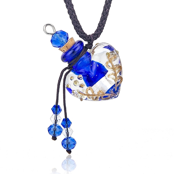 

PandaHall Baroque Style Heart Handmade Lampwork Perfume Essence Bottle Pendant Necklace, Adjustable Braided Cord Necklace, Sweater Necklace..., Blue