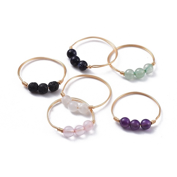 

PandaHall Natural Gemstone Finger Rings, with Brass Copper Jewelry Wire, Golden, Size 8~10, 18~20mm Mixed Stone