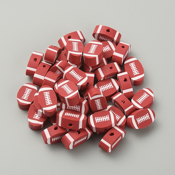 

PandaHall Handmade Polymer Clay Beads, Sports Goods, Rugby Pattern, 11.5x7x4mm, Hole: 1.8mm, 100pcs/bag Polymer Clay Rugby Brown