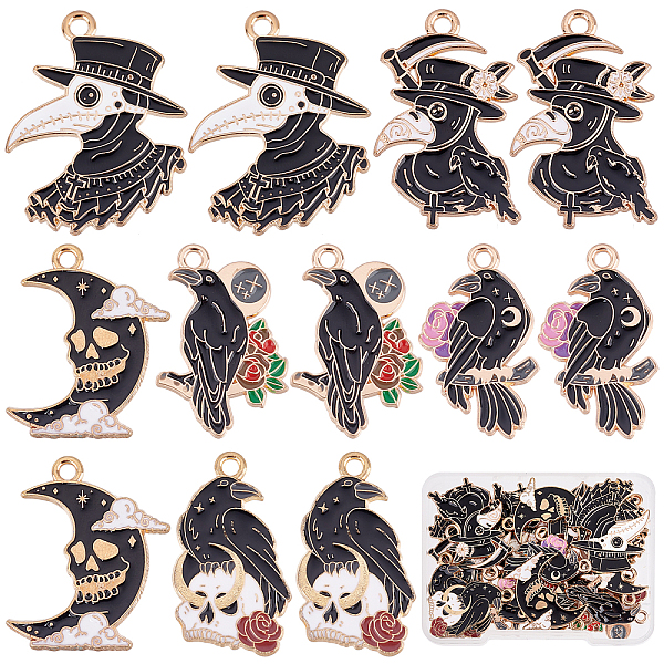 

PandaHall SUNNYCLUE 1 Box 24pcs 6 Styles Halloween Gothic Charms Raven Enamel Charm Raven Gothic Pendants Halloween Theme Black Skull Moon...