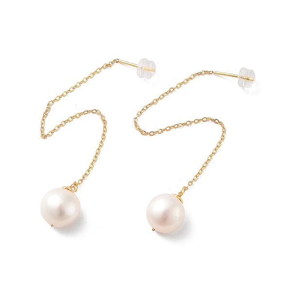 

PandaHall Round Natural Pearl Earrings for Women, Sterling Silver Ear Thread, Real 18K Gold Plated, 93x10mm Pearl Round