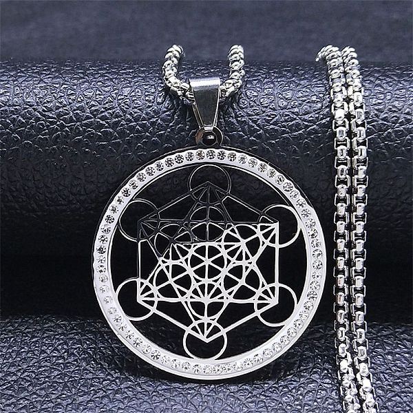 

PandaHall Crystal Rhinestone Flat Round with Hexgon Pendant Necklace with 304 Stainless Steel Box Chains, Stainless Steel Color, 22.91 inch...