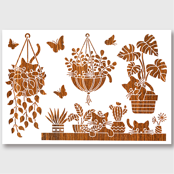 

PandaHall Cat Potted Plant Stencil, Reusable PET Painting Templates DIY Art Craft Painting Wall Cut Stencils 23.615.8" for Painting on...