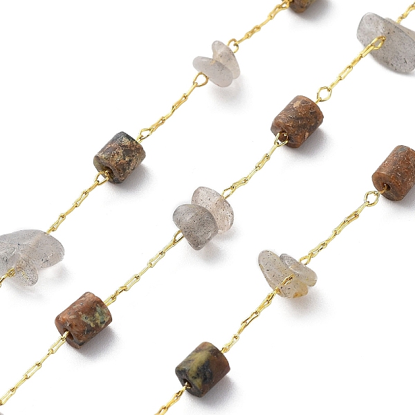 

PandaHall Natural Mixed Gemstone Chips & Column Beaded Chains, with Brass Findings, Soldered, with Spool, Real 18K Gold Plated, 4x4mm...