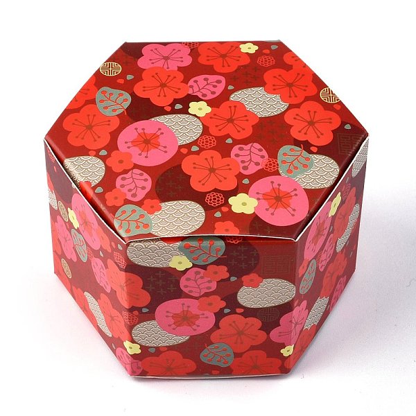 PandaHall Hexagon Shape Candy Packaging Box, Wedding Party Gift Box, Boxes, with Flower Pattern, Red, 7.65x8.8x5.7cm, Unfold...