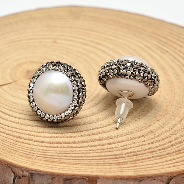 

PandaHall Flat Round Pearl Ear Studs, with Rhinestone and Platinum Plated Brass Pins, White, 13mm, Pin: 0.8mm Pearl White