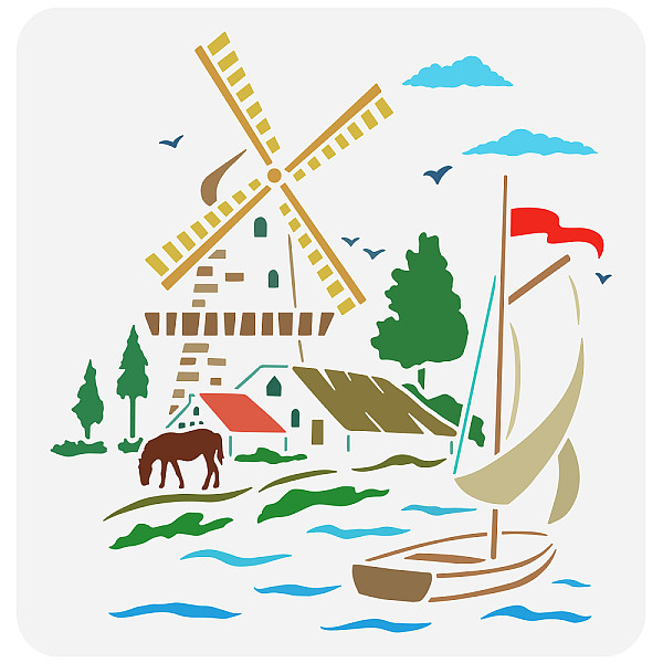 

PandaHall FINGERINSPIRE Windmill Scenery Stencil 11.8x11.8inch Reusable Farm Painting Template DIY Art Horses Boats Rivers Drawing Stencil...