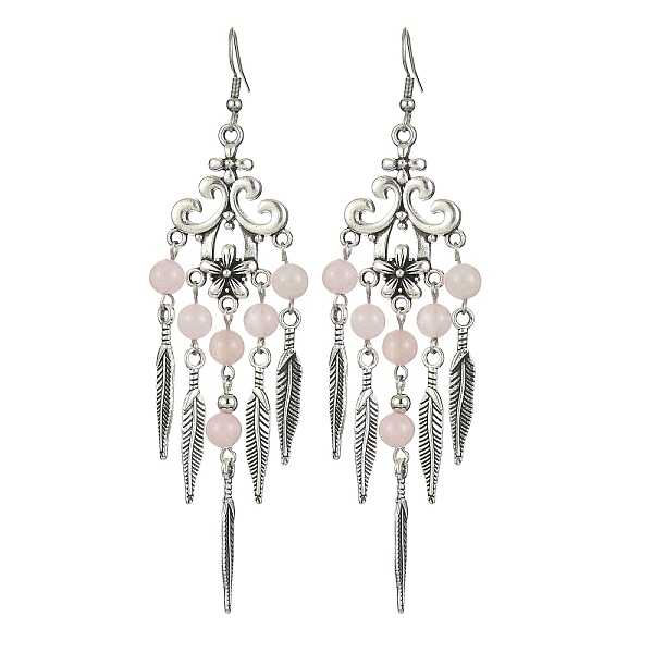 

PandaHall Natural Rose Quartz Beaded Chandelier Earrings, Alloy Feather Tassel Earrings with 304 Stainless Steel Pins, 102x30mm Rose Quartz