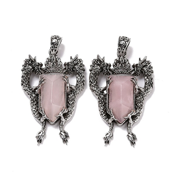 

PandaHall Natural Rose Quartz Faceted Big Pendants, Dragon Charms, with Antique Silver Plated Alloy Findings, 52x33x8mm, Hole: 6x4mm Rose...
