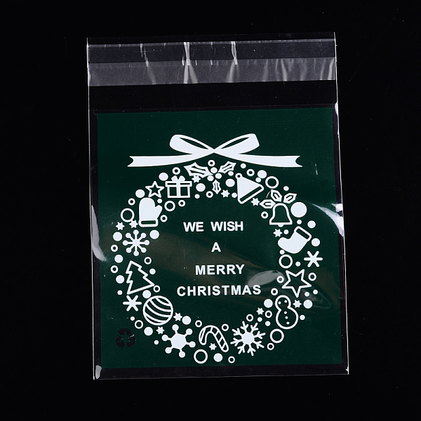 

PandaHall Rectangle OPP Cellophane Bags for Christmas, with Wreath Pattern, Dark Green, 14x9.9cm, Unilateral Thickness: 0.035mm, Inner...