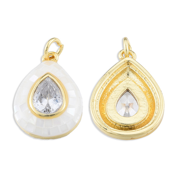 

PandaHall Brass Pave Clear Cubic Zirconia Pendants, with Jump Rings and Shell, Enamel, Real 18K Gold Plated, Nickel Free, Teardrop, White...