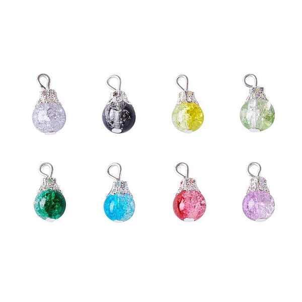 

PandaHall Kissitty Baking Painted Crackle Glass Pendant, with Iron Findings, Round, Silver Color Plated, Mixed Color, 15~16x8mm, Hole: 2.5mm..., Multicolor