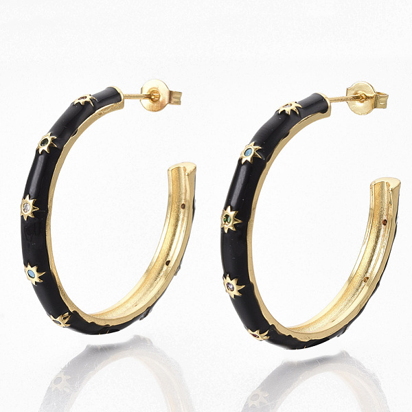 

PandaHall Brass Micro Pave Colorful Cubic Zirconia Stud Earrings, Half Hoop Earrings, with Enamel and Ear Nuts, Real 18K Gold Plated, Sun..., Black