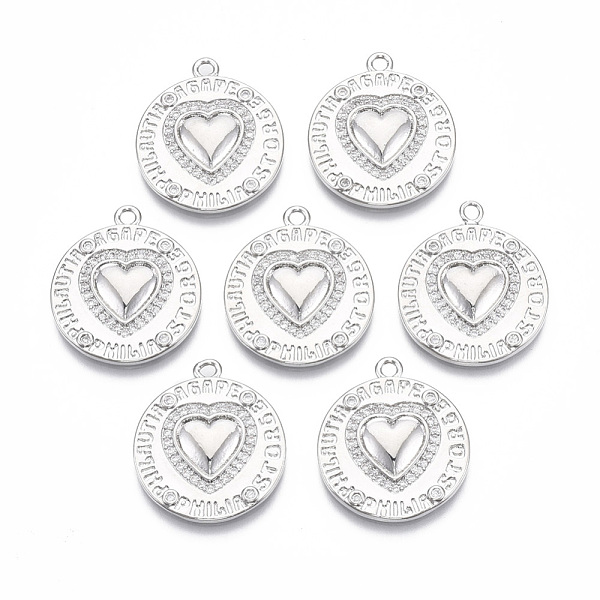 

PandaHall Brass Micro Pave Cubic Zirconia Pendants, Flat Round with Heart & Greek Words for Love, Nickel Free, Clear, Real Platinum Plated...