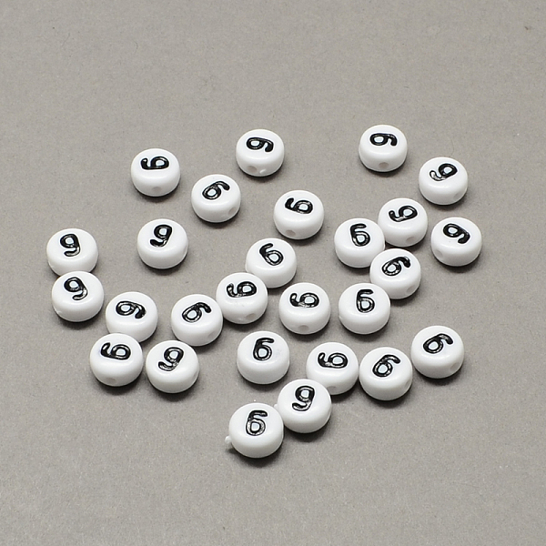 

PandaHall White and Black Acrylic , Flat Round with Num.6, 7x4mm, Hole: 1.3mm, about 3600pcs/500g Acrylic Number Black
