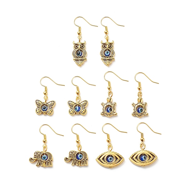 

PandaHall Alloy Animal with Resin Evil Eye Beaded Dangle Earring, Golden Brass Jewelry for Women, Mixed Patterns, 31~41mm, Pin: 0.5mm Alloy
