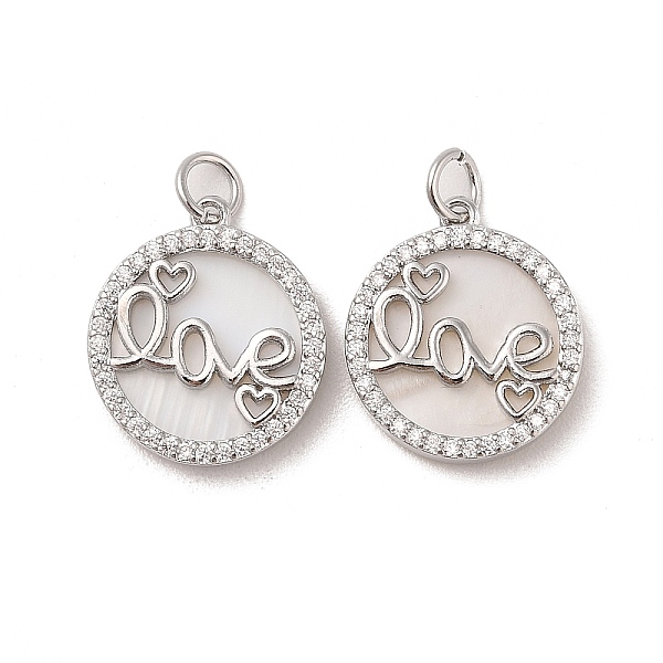 

PandaHall Brass Pendants Pave Shell, with Clear Cubic Zirconia, Round with Word Love, Platinum, 18x16x3mm Brass+Cubic Zirconia+Shell Clear