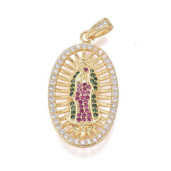 

PandaHall Religion Theme Brass Micro Pave Cubic Zirconia Pendants, Lady of Guadalupe Charms, Oval with Virgin Mary, Colorful, Golden...