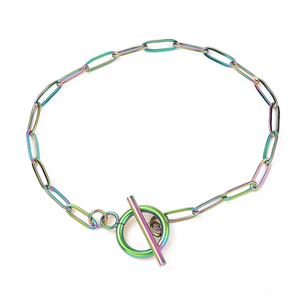 

PandaHall Unisex Vacuum Plating 304 Stainless Steel Paperclip Chain Bracelets, with Toggle Clasps, Rainbow Color, 7-7/8 inch(20cm) 304...