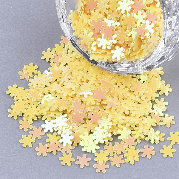 

PandaHall Ornament Accessories, PVC Plastic Paillette/Sequins Beads, AB Color Plated, Snowflake, Yellow, 4.5x4x0.4mm, about 117000pcs/500g...