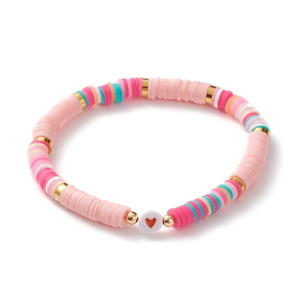 

PandaHall Polymer Clay Heishi Beads Stretch Bracelets, with Acrylic Enamel Heart Beads and Brass Beads, Pink, Inner Diameter: 2-1/4 inch...