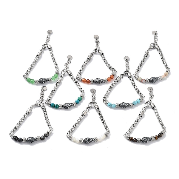 

PandaHall Natural & Synthetic Mixed Gemstone Round Beaded Bracelets, Buddha Head 201 Stainless Steel Bracelets for Women, 21.2cm Mixed Stone