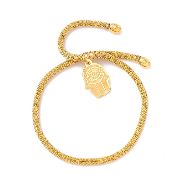 

PandaHall Vacuum Plating 304 Stainless Steel Hamsa Hand with Evil Eye Charm Slider Bracelet with Round Mesh Chain for Women, Golden, Inner...