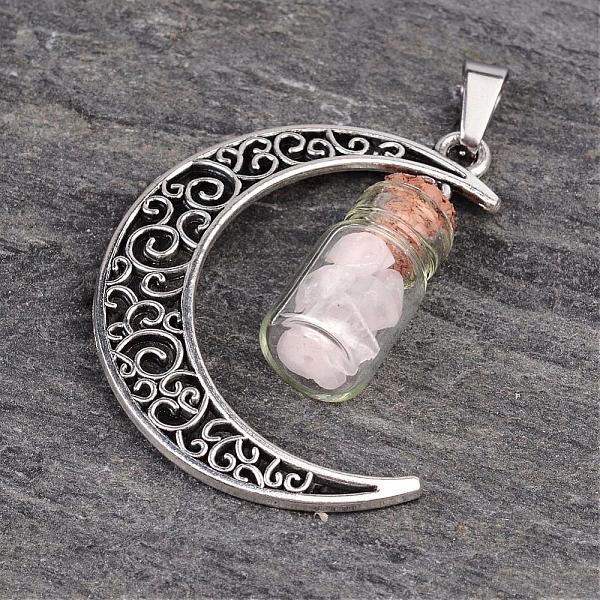 

PandaHall Column Glass Bottle with Rose Quartz inside Pendants, with Moon Alloy Finding and 304 Stainless Steel Findings, 41x29x10mm, Hole...