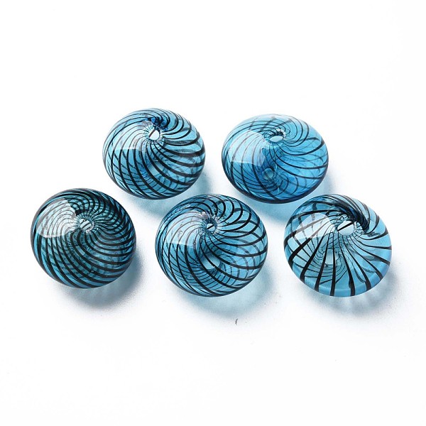 

PandaHall Transparent Handmade Blown Glass Globe Beads, Stripe Pattern, Flat Round, Steel Blue, 11~13x19~20mm, Hole: 1~2mm Glass Flat Round