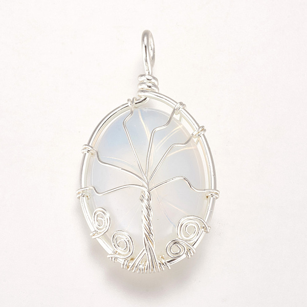 

PandaHall Opalite Pendants, with Brass Findings, Oval with Tree, Silver Color Plated, 39~39.5x22~23x9~10mm, Hole: 4mm Opalite Oval Silver