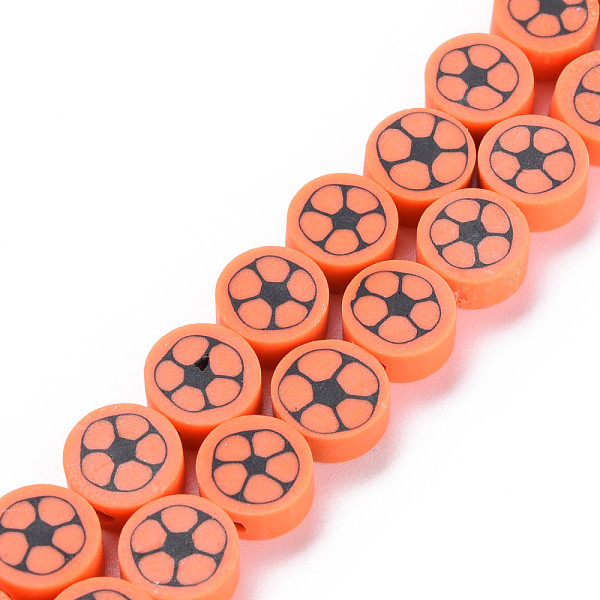 

PandaHall Handmade Polymer Clay Bead Strands, Flat Round with Football, Coral, 8~9x4~5mm, Hole: 1.2~1.4mm, about 40~41pcs/strand, 13.62..., Red