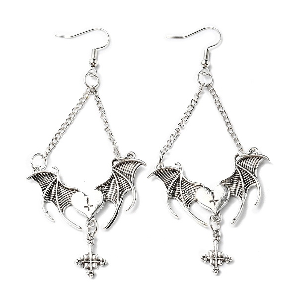 

PandaHall Alloy Bat Wing with Cross Dangle Earrings for Halloween, Antique Silver, 93x39.5mm Alloy Bat