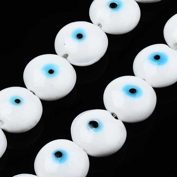 

PandaHall Handmade Evil Eye Lampwork Beads Strands, Flat Round, White, 14~16x16~17x8.5~9mm, Hole: 1mm, about 25pcs/strand, 14.96 inch(38cm)...