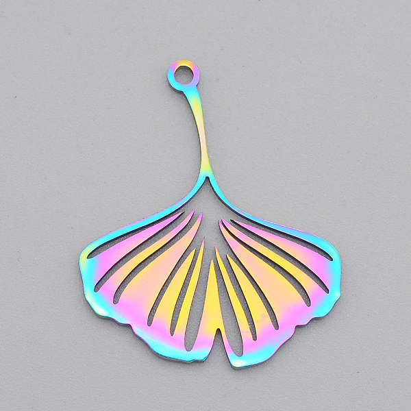 

PandaHall Ion Plating(IP) 201 Stainless Steel Pendants, Laser Cut, Ginkgo Leaf, Rainbow Color, 26x21.5x1mm, Hole: 1.5mm 201 Stainless Steel...