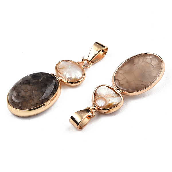 

PandaHall Natural Crackle Agate Pendants, with Natural Shells and Light Gold Plated Brass Findings, Dyed, Oval Charm, Camel..., Brown
