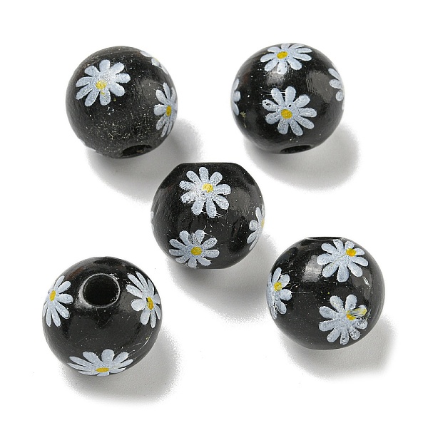 

PandaHall Printed Wood European Beads, Round with Daisy Pattern, Black, 15.5~16mm, Hole: 4~4.5mm Wood Round Black