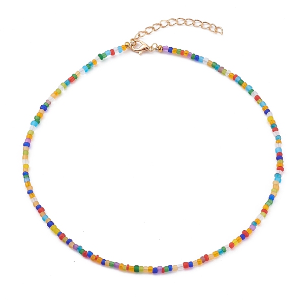 

PandaHall Round Transparent Frosted Glass Seed Beaded Necklaces, with Alloy Lobster Claw Clasps, Golden, Colorful, 15.07 inch(38.5cm) Glass