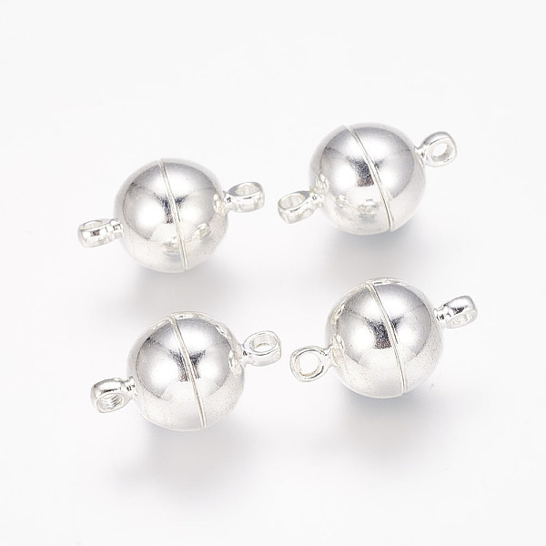 

PandaHall Brass Magnetic Clasps with Loops, Round, Silver Color Plated, 16x10mm, Hole: 2mm Brass Round