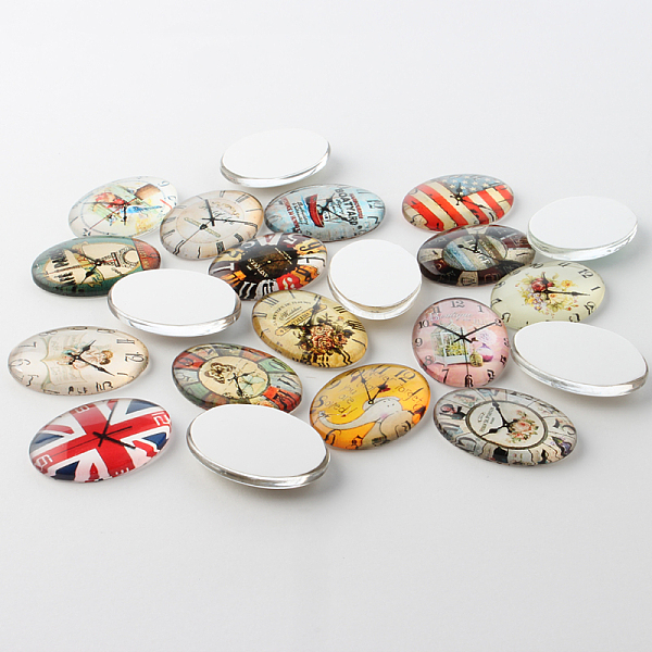 

PandaHall Flower Background Clock Theme Ornaments Glass Oval Flatback Cabochons, Mixed Color, 25x18x6mm Glass Oval Multicolor