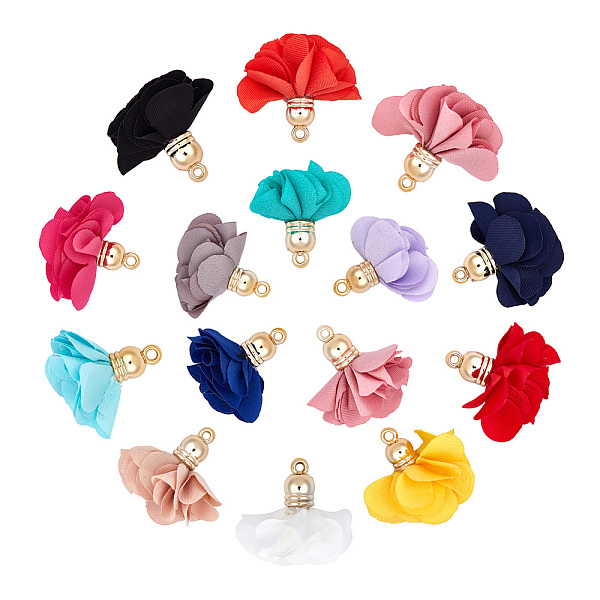 PandaHall SUNNYCLUE 1 Set 15 Colors 3D Cloth Flower Charms Pendants Fabric Flower Pendants Floral Cloth Tassel Charms with Metal Caps for...