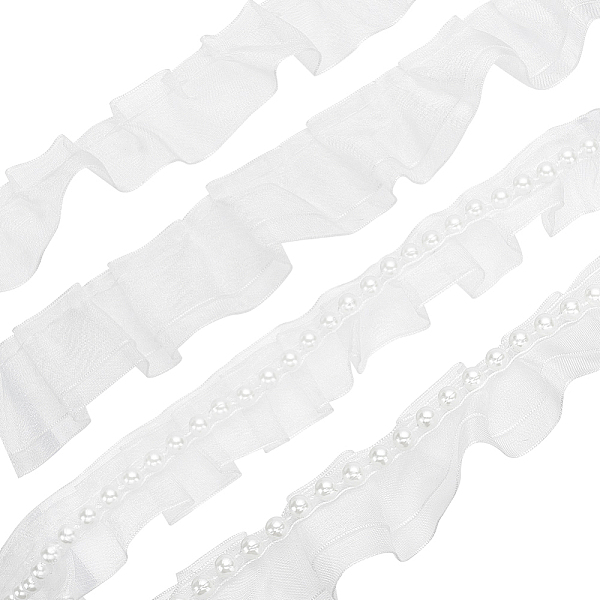 

PandaHall WADORN 4Pcs 4 Styles Double & Single Layer Chinlon Lace Trim Fabric, Pleated Trimming, with ABS Plastic Beads, for DIY Decorative..., White