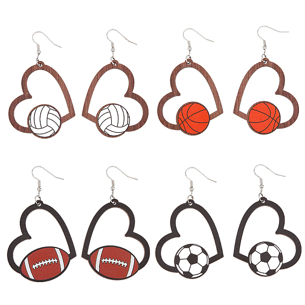 

PandaHall FIBLOOM 4 Pairs 4 Styles Sport Theme Wood Heart Dangle Earrings for Women, 304 Stainless Steel Earrings, Basketball & Football &..., Multicolor